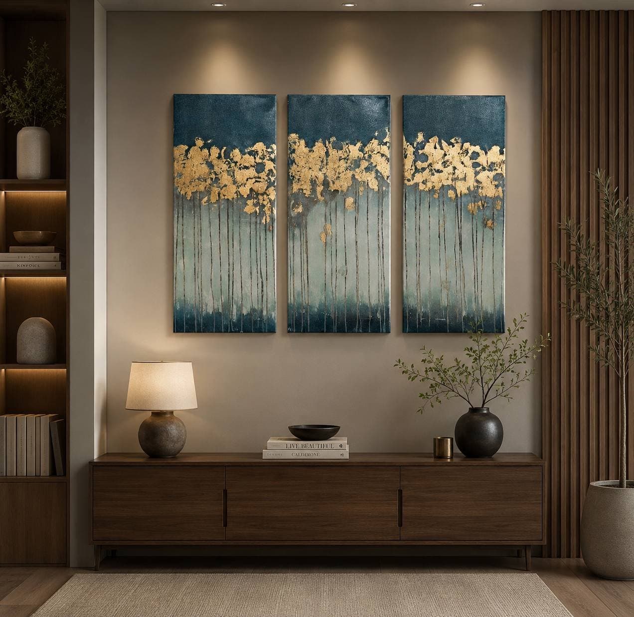 A gold leaf triptych installed above a console in an entryway